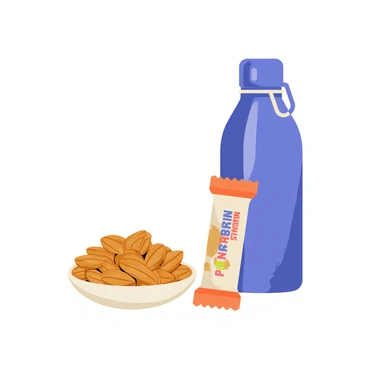 A small white plate filled with a variety of brown almonds is positioned on a clean surface. Next to the plate, a wrapped protein bar with a colorful label rests against a vibrant blue sports bottle with a sleek design. The sports bottle features a screw-on cap and a convenient carry handle. The scene is well-lit, highlighting the textures of the almonds and the packaging of the protein bar.