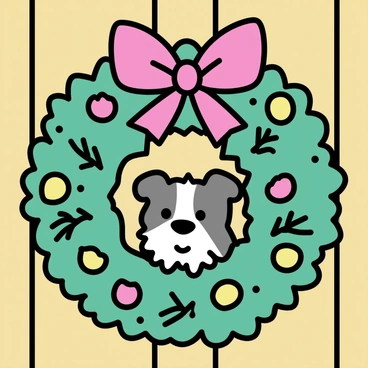 A large Christmas wreath made of evergreen branches is hung on a wooden door. The wreath is adorned with red and gold ornaments, and the bright red bow is positioned at the top. In the center of the wreath, a dog's face is peeking through, showing an expression of curiosity. The dog has a fluffy fur coat, and its ears are perked up, adding charm to the festive scene.