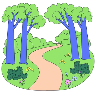 A hiking trail winding through a lush green forest. The path is framed by tall trees with thick, leafy branches. Sunlight filters through the leaves, creating patterns of light and shadow on the ground. The underbrush is filled with ferns and small bushes. The scene includes a few colorful wildflowers growing alongside the trail.