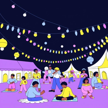 A vibrant festival scene with numerous colorful lights strung across the area, creating a lively atmosphere. Various decorative elements such as lanterns and banners hang from above, adding to the festive spirit. In the foreground, people dressed in bright clothing are seen enjoying the festivities, with some dancing and others laughing. The ground is adorned with colorful rugs and cushions where people gather to socialize. The sky is dark, highlighting the glow of the lights and decorations that brighten the night.