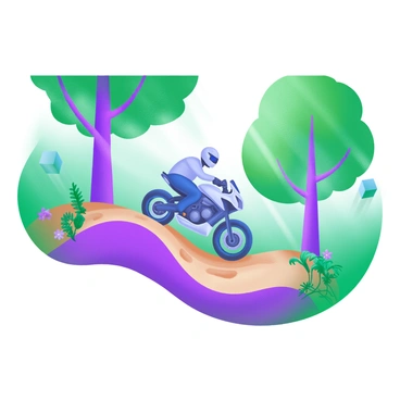 A BMW motorcycle positioned on a narrow forest trail, with the rider focused on navigating the terrain. The motorcycle is sleek and modern, featuring a metallic finish. Surrounding the trail are tall, lush green trees with sunlight filtering through the leaves, creating dappled shadows on the ground. The trail is slightly muddy, showing signs of recent rain, and small ferns and wildflowers grow along the edges, adding pops of color to the earthy tones of the scene.