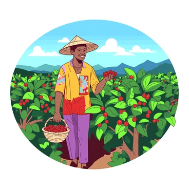 A coffee farmer is standing in a lush green coffee field, surrounded by rows of coffee plants laden with ripe red coffee cherries. The farmer is wearing vibrant traditional attire that includes a bright patterned shirt and a colorful woven hat. The sun is shining down, creating a warm atmosphere, and the farmer is smiling while holding a small basket filled with freshly picked coffee cherries in one hand. In the background, distant mountains are visible under a clear blue sky.