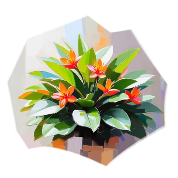 A dense arrangement of lush tropical bushes featuring large, green leaves with a glossy texture. Among the foliage, there are vibrant flowers in shades of red, orange, and yellow, adding a striking contrast to the greenery. The scene is rich with varying leaf sizes and flower types, creating a lively and colorful environment. The flowers are strategically positioned throughout the bushes, enhancing the overall lushness of the display.