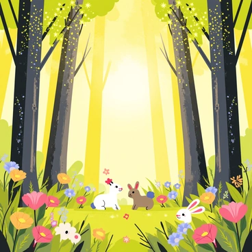 A magical forest filled with tall trees that have a shimmering appearance. The trees are covered in small, twinkling lights that resemble stars, creating a vibrant ambiance. Among the trees, various colorful flowers bloom, showcasing a variety of shapes and sizes. Small creatures, such as rabbits and birds, can be seen interacting playfully in this lively environment, emphasizing the miracle of life within the forest. Sunlight filters through the canopy, casting warm, golden rays onto the forest floor.