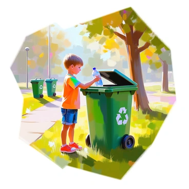 A child with light skin and short hair is standing next to a green recycling bin in a community park. The child is wearing a colorful t-shirt and denim shorts. They are holding a clear plastic bottle, preparing to place it into the bin. The park has lush green grass, and there are trees in the background. A few other bins are visible nearby, and a walking path winds through the park. Sunlight filters through the leaves, creating dappled shadows on the ground.