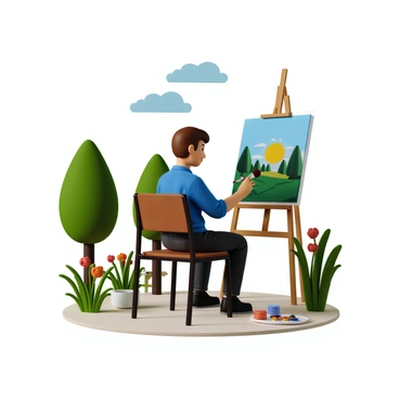 An employee with short brown hair, wearing a casual blue shirt and dark jeans, is sitting at a wooden easel in a peaceful outdoor setting. They are focused on painting a landscape with vibrant colors on a canvas. Surrounding them are lush green trees and blooming flowers, under a clear blue sky. The employee has a palette of paints beside them and a few brushes in hand. A light breeze gently moves the leaves, creating a tranquil atmosphere.