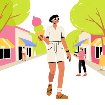 A person with a bright smile is holding a giant ice cream cone with three colorful scoops, including pink, green, and brown. The person is wearing a light summer outfit with sunglasses, walking leisurely down a sunny street. There are small shops lining the street with colorful awnings, and there are green trees providing shade on either side. A few passersby can be seen, all enjoying the beautiful day.
