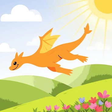 Charizard soaring high above a vibrant landscape with clouds and sun rays.