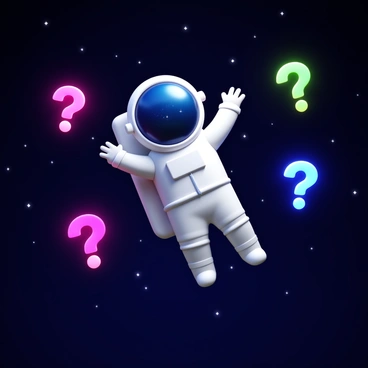 An astronaut in a space suit, floating weightlessly in a dark, star-filled space. The astronaut has a reflective visor, showing faint images of distant stars. Surrounding the astronaut are glowing question marks in bright colors, illuminating the space around them. Each question mark has a three-dimensional appearance, casting soft shadows against the vastness of space. The scene conveys a sense of curiosity and exploration.