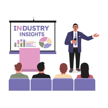 A digital flat illustration featuring an industry expert standing at a podium giving a presentation. The expert is a middle-aged man with light skin, wearing glasses, a navy suit, and a light blue tie. He is gesturing with one hand while holding a remote clicker in the other hand. Behind him is a large screen displaying the words "Industry Insights" in bold letters, surrounded by colorful charts and graphs. The audience, consisting of diverse individuals with various skin tones, is seated in a virtual setting, each appearing attentive and engaged. The overall atmosphere reflects a professional and informative tone.