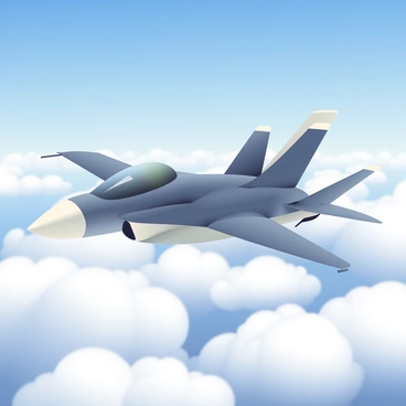 An F5 jet with a sleek design and a sharp nose is soaring high above a sea of fluffy white clouds. The jet is painted in a dark gray color with contrasting white details. The sky is a bright blue, indicating a clear day with no visible obstructions. Below the jet, the clouds are billowy and textured, providing a soft contrast to the sharp angles of the aircraft. Sunlight is glinting off the jet's surface, highlighting its aerodynamic features as it glides gracefully through the air.