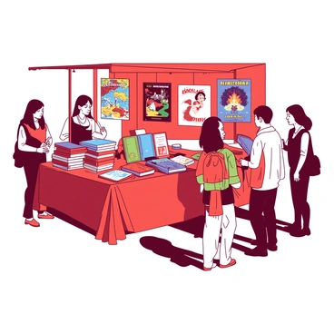 A red book fair stand is filled with various books, featuring vibrant covers. Colorful posters of illustrated book covers are displayed prominently on the stand. The posters feature imaginative artwork, capturing different genres such as fantasy, adventure, and mystery. The area around the stand is filled with visitors browsing the books, some are engaged in conversation while others are examining the covers closely. The atmosphere is lively, with people of all ages expressing enthusiasm for the selection of books available.