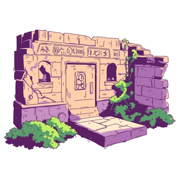 A duotone illustration features ancient ruins depicted vividly on the exterior wall of a historical society. The wall is made of aged stone blocks, and the ruins are intricately carved, showcasing faded symbols and patterns. Vines and moss cling to the edges of the wall, giving it a sense of age and mystery. The setting sun casts shadows, enhancing the textures of the stones and the carved details. Around the base of the wall, lush greenery surrounds the site, contributing to the overall atmosphere of historical significance.