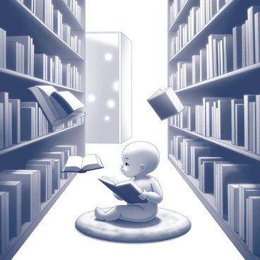 A baby seated on a soft, plush rug in the center of a library. The library shelves are filled with numerous books, some of which are floating gently in the air around the baby. Each book is open, with pages fluttering as if caught in a soft breeze. The atmosphere is illuminated by soft, glowing lights emanating from various corners, casting gentle shadows across the room. Hidden passageways lead off into the depths of the library, with hints of mysterious doorways partially obscured by tall stacks of books. The overall scene conveys a sense of wonder and curiosity.
