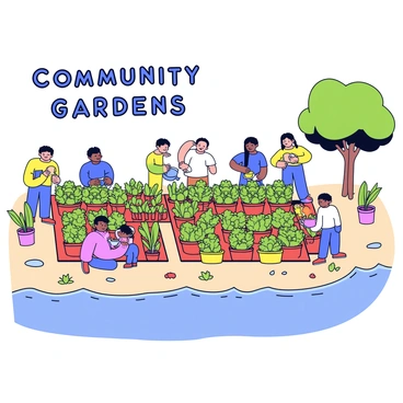 A community garden situated along the Ganges riverbank filled with various plants and flowers. The garden features neatly organized rows of green vegetables and herbs, showcasing vibrant colors of greens, reds, and yellows. A small group of people, including adults and children, are seen tending to the plants, watering them with watering cans. Nearby, the Ganges river flows gently, with clear water reflecting the blue sky. The riverbank is dotted with pebbles and small patches of grass, and a few trees provide shade, creating a lively and vibrant atmosphere. "Community Gardens" is displayed in bold letters above the scene.