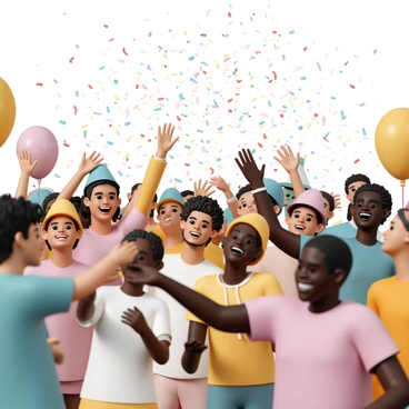 A large crowd of diverse people, smiling and laughing, gathered together in a festive atmosphere. They are wearing a variety of colorful clothing, including bright hats and party accessories. Colorful confetti is falling from above, creating a vibrant shower of reds, blues, yellows, and greens that fills the air. Some individuals are raising their arms joyfully, while others are clapping and dancing. The background features balloons and streamers, enhancing the celebratory mood of the scene.