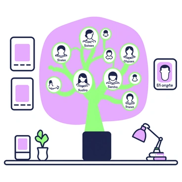 An office wall features a large family tree, intricately designed to display the relationships among employees. The tree is comprised of several branches that connect various oval-shaped portraits of individuals, each labeled with their names. The branches are labeled with lines that indicate familial connections, such as siblings, spouses, and parents. The background of the wall is plain to ensure the family tree stands out prominently. In the corners of the image, there are framed photos and a small potted plant sitting on the office desk below the wall.