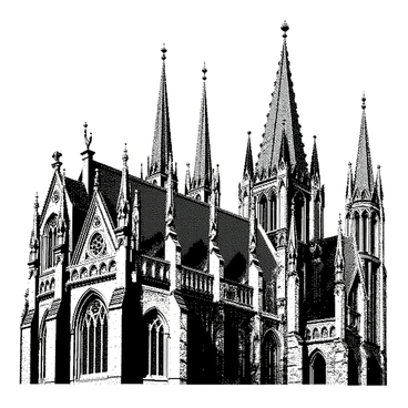 An intricate engraved illustration showcases various gothic architectural elements. It features tall, pointed arches with detailed carvings along the edges. The image includes slender spires rising prominently, adorned with delicate ornamental designs. The background includes additional gothic details, such as flying buttresses and intricate window tracery, all depicted in a halftone dot pattern to highlight the texture and complexity of the architecture.