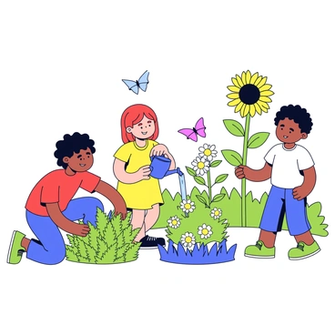 A group of three children is playing in a vibrant garden filled with various plants. One child, wearing a red t-shirt, is kneeling beside a patch of bright green ferns, gently touching the leaves. Another child, in a yellow dress, is holding a small watering can, pouring water on a cluster of blooming daisies with white petals and yellow centers. The third child, wearing blue shorts, is standing near a tall sunflower, reaching up to touch its large, round head. In the background, there are patches of lush green grass and a few colorful butterflies fluttering among the plants.
