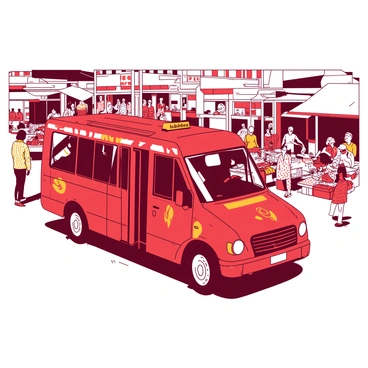A red minibus taxi is driving through a busy market street in Durban. The taxi is adorned with colorful patterns and has its doors open, allowing passengers to enter and exit. Surrounding the taxi are numerous market stalls, displaying fresh fruits, vegetables, and vibrant textiles. People are milling about, engaged in conversation and bargaining. In the background, a mixture of shopfronts and busy pedestrians adds to the lively atmosphere of the street.