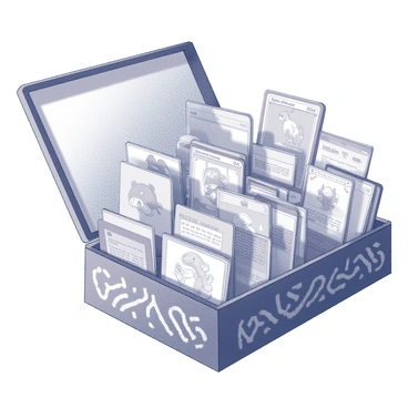 A collection box designed with intricate patterns on its surface. The box is open, revealing an assortment of Pokémon cards of various sizes, all neatly organized within. Each card displays distinct Pokémon illustrations and text, showcasing a variety of characters. The cards are arranged in rows, with some standing upright and others lying flat, demonstrating an orderly presentation. The background features a simple, unobtrusive surface that highlights the box and its contents.