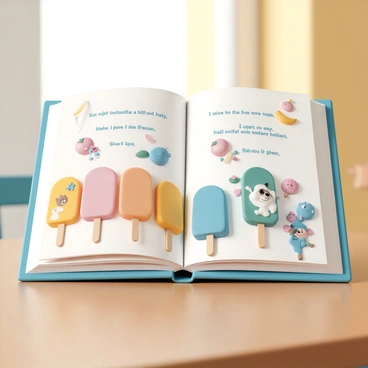 An open storybook with a vibrant cover featuring illustrations of colorful popsicles. The pages of the book are shaped like different types of popsicles, each page showcasing unique flavors like cherry, lemon, and blue raspberry. On the left page, there are whimsical illustrations of characters like a smiling bear and a playful bunny engaging in fun adventures. The right page continues the story, displaying bright colors and playful fonts that describe the whimsical tale, inviting the viewer to immerse into the playful narrative. The book is placed on a wooden table, with soft natural light illuminating the pages.