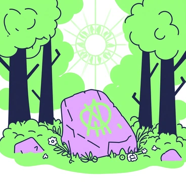 A forest clearing is surrounded by tall, dense trees with lush green foliage. In the center of the clearing, there is a large, irregularly shaped stone. The stone has a rough texture and is covered in intricate ancient runes that emit a soft green light. The glow of the runes bathes the surrounding area in an otherworldly radiance. Small patches of wildflowers and ferns grow around the base of the stone, adding subtle detail to the scene. In the background, the sunlight filters through the treetops, creating dappled light patterns on the forest floor.