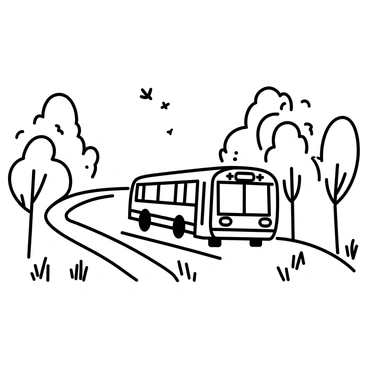 A bus is driving down a country road, surrounded by tall trees lining both sides. The road is winding gently, with patches of grass and wildflowers visible at the edges. The bus has large windows and is painted with simple designs. The sunlight filters through the leaves of the trees, casting shadows on the ground. A few birds can be seen flying in the distance above the bus.