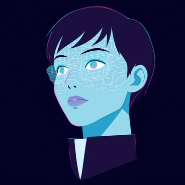 A portrait of a person with light skin and short black hair. Their face is partially obscured by intricate digital circuitry that glows in shades of blue and green. The circuitry patterns weave seamlessly into their skin, creating a fusion of organic and technological features. Their eyes are enhanced with holographic displays, reflecting data streams and symbols. The background is dark, allowing the glowing digital elements to stand out prominently against the person's face.