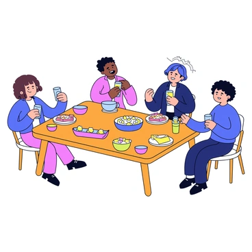 A long wooden table is set for a team lunch, adorned with bright, colorful jelly-themed snacks and drinks. Various bowls filled with jelly in different vibrant colors are placed across the table. Small cups hold jelly shots in rainbow hues, while a large bowl features a layered jelly dessert. There are sandwiches cut into fun shapes, served alongside jelly-filled pastries. Several glasses filled with sparkling juice have jelly cubes floating inside, adding a playful touch. Team members are casually enjoying the food, chatting and smiling as they share this festive meal.