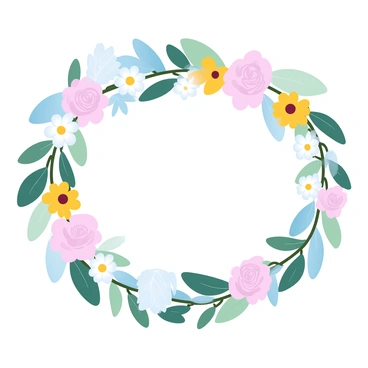 A decorative garland is displayed, composed of a vibrant assortment of flowers and leaves. The flowers include bright blooms such as daisies, roses, and peonies, in varying shades of pink, yellow, and white. Lush green leaves intertwine among the flowers, adding texture and depth to the garland. The arrangement forms a continuous loop, showcasing the natural beauty of each element. The overall composition emphasizes the freshness and vibrancy of a flourishing garden.