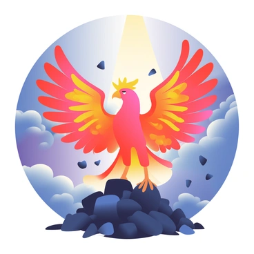A vibrant phoenix with red and orange feathers is rising from a bed of dark ashes. Its wings are spread wide, showcasing intricate patterns of fiery colors that emit a glowing effect. The background features a dramatic sky filled with swirling clouds in shades of deep blue and purple, contrasting with the bright hues of the phoenix. Rays of sunlight break through the clouds, illuminating the bird as it ascends. Scattered ashes float in the air around it, capturing the movement and energy of its rise.