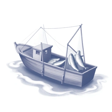 A traditional fishing boat is floating on the water. The boat has a weathered wooden frame with a small cabin and is equipped with fishing nets. The nets are filled with several mahi-mahi, their bodies glistening in the light. The water reflects the shape of the boat and the catch. In the background, gentle waves create a rhythmic motion around the boat, enhancing the scene of a typical fishing day.