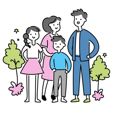 A family of four standing together for a formal portrait in an outdoor setting. The father, wearing a navy blue suit and a white shirt, stands on the left, smiling. The mother, dressed in a light pink dress, stands beside him with her arm around one of the children. The older child, a girl with long hair in a braid, wears a white blouse and a pink skirt, standing with her hands on her hips. The younger child, a boy with short hair, is dressed in a blue shirt and gray pants, standing in front of the family. In the background, there are green trees and vibrant flowers framing the scene.