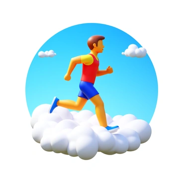 A runner jogging on fluffy white clouds. The sky is a bright blue with a few scattered, soft white clouds. The runner is wearing a vibrant athletic outfit, with shoes that seem to blend into the clouds. The fluffy clouds appear to cushion the runner's feet as they move. The sunlight casts soft shadows on the clouds, highlighting the runner's determined expression.