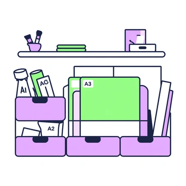 An organized storage shelf is filled with labeled slots for different illustration board sizes. The shelf features a series of compartments, each with a clear label indicating the size of the board it holds, such as "A4," "A3," and "A2." The boards are neatly stacked within their respective slots, with edges aligned and labels clearly visible. To the side, there are a few rolls of larger illustration paper resting in a vertical holder. Above the shelf, there are small floating shelves displaying a few art supplies like brushes and sketchbooks. The entire arrangement is tidy and functional, showcasing an efficient use of space for storing illustration materials.