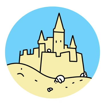 A giant sandcastle, intricately detailed with towers, arches, and shells, is built on top of a sandy desert dune. The castle's walls are smooth and have a pale yellow hue, blending seamlessly with the surrounding sand. The dune slopes gently downward, with small ripples and patterns in the sand. The clear blue sky stretches above, contrasting with the warm tones of the desert landscape. A few scattered seashells and small stones adorn the base of the sandcastle, adding texture to the scene.