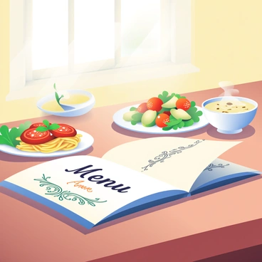 A beautifully illustrated restaurant menu is lying open on a wooden table. The cover of the menu features intricate floral designs with "Menu" written in elegant script at the center. In the background, there are several delicious dishes presented. A plate of spaghetti with rich tomato sauce and fresh basil is placed next to a colorful salad topped with cherry tomatoes and avocado slices. In the corner, a steaming bowl of creamy soup is garnished with a sprig of parsley. Soft sunlight filters through the window, creating a warm atmosphere in the dining space.