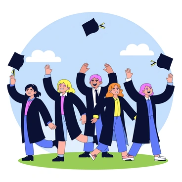 A group of graduates in black caps and gowns are joyfully tossing their caps into the air. The graduates have a variety of hair colors, and some are smiling widely while others are laughing. They are standing on a grassy area, and the bright sun casts cheerful shadows on the ground. The background features a clear blue sky with a few fluffy white clouds.