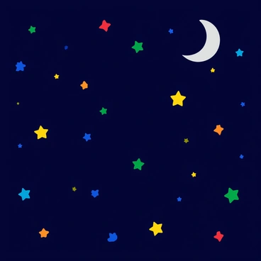 A dark night sky filled with numerous stars, each shining in unique colors and shapes to represent different human emotions. Some stars are bright yellow, radiating joy, while others are a deep blue, symbolizing sadness. A vibrant red star twinkles, representing passion, and a soft green star glows gently, indicating calmness. The stars are scattered across the sky, creating a vast tapestry of emotions. A crescent moon hangs in the corner, casting a gentle silver light over the scene, enhancing the overall ambiance of the sky.