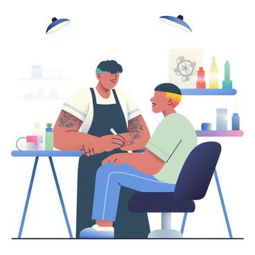 A tattoo artist with short black hair is focused on inking a detailed design on a client's arm in a tattoo studio. The artist is wearing a black apron over a white shirt and has several colorful tattoos visible on their arms. The client, a person with light skin and tattoos on both arms, is sitting in a black tattoo chair with a focused expression. The room is equipped with tattoo supplies, including ink bottles arranged neatly on a shelf and a sketch of the design displayed on a table next to them. Bright overhead lights illuminate the workspace, highlighting the intricate lines of the tattoo being applied.
