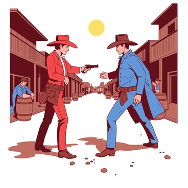 A red cowboy stands confidently in the center of a dusty street, staring down his opponent, a blue-clad cowboy, who is poised at the opposite end. The sun is high in the sky, casting sharp shadows on the ground. Dust swirls around their boots, and wooden buildings line the street, creating a tense atmosphere. Each cowboy has one hand hovering near their holstered revolver, ready for action. In the background, onlookers peek from behind barrels and windows, holding their breath in anticipation. The scene captures the raw tension of a showdown in a Wild West town.