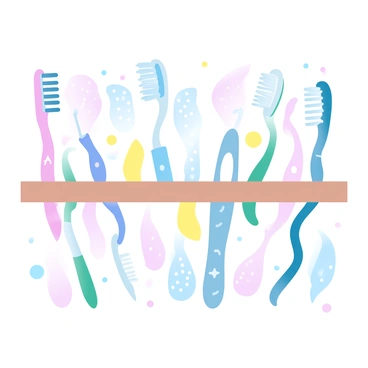 A shelf filled with various toothbrushes in an array of colors and designs. Each toothbrush has a unique shape, some with curved handles and others with straight ones. The colors include vibrant pinks, blues, greens, and yellows, creating a cheerful display. Some toothbrushes feature playful patterns, like polka dots and stripes, while others have characters or motifs such as stars and hearts. The shelf itself has a light wood finish, enhancing the overall playful and whimsical vibe of the scene.