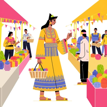 A Catrina figure dressed in an elaborate, brightly colored traditional outfit adorned with intricate patterns is shopping at a bustling market. The market is filled with vibrant stalls showcasing a variety of goods, including fruits, vegetables, woven textiles, and handmade crafts. Several people are interacting and shopping, creating a lively atmosphere. Bright banners and decorations hang above the stalls, adding to the festive feel of the scene. The Catrina is holding a woven basket in one hand, inspecting a colorful assortment of flowers with the other.