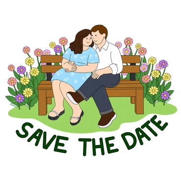 A young couple sitting closely on a wooden bench in a vibrant garden filled with colorful blooming flowers. The woman has long curly hair and is wearing a light blue dress with floral patterns, while the man has short brown hair and is dressed in a white shirt with rolled-up sleeves and dark jeans. Around them, various flowers in shades of pink, yellow, and purple are arranged artfully, spelling out the words "Save the Date" in a playful manner. The sun is shining brightly, casting soft shadows on the ground, enhancing the cheerful atmosphere of the scene.