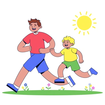 A parent running alongside their young child. The parent is a tall figure with brown hair, wearing a bright red t-shirt and blue shorts. The child is a small figure with curly blonde hair, wearing a yellow t-shirt and green shorts. Both have big smiles on their faces, showing joy and excitement. They are running on a grassy field, with a few wildflowers scattered around. The sun is shining brightly above, casting soft shadows on the ground.