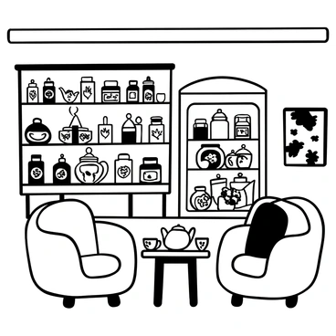 A quaint tea shop with wooden shelves lined with various tea canisters, each labeled with intricate designs. There is a large glass display case showcasing an array of colorful tea blends and pastries. Comfortable seating areas consist of plush armchairs and small wooden tables, inviting patrons to relax. A vintage teapot sits on a table, steam gently rising from its spout. Delicate tea cups are arranged neatly on a nearby table, with a charming floral pattern on them. The walls are adorned with framed pictures of tea leaves and teacups, contributing to the cozy atmosphere.