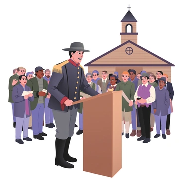 A digital flat illustration depicting "Sam Houston" standing at a wooden podium, delivering a passionate speech to a large crowd. He is a tall man with a strong build, wearing a historical military uniform complete with a dark jacket and a wide-brimmed hat. His face is animated with fervor, showcasing determination and conviction. The crowd consists of diverse individuals, both men and women, some wearing period-appropriate clothing, eagerly listening and reacting to his words. In the background, a rustic town hall can be seen, constructed of weathered wood, with a prominent bell tower. The sky is bright and clear, adding to the lively atmosphere of the scene.