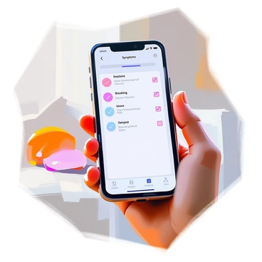 A smartphone displaying an app interface designed for tracking gastritis symptoms. The screen fills with a clean layout featuring a list of symptoms such as "abdominal pain," "nausea," "bloating," and "loss of appetite." Each symptom is clearly labeled with checkboxes next to them, indicating the user's ability to mark them as experienced. The background of the app is a soft color, making the text easy to read. The phone is held in a hand with light skin, and a blurred background suggests a casual indoor environment.