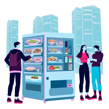 A sleek, futuristic robotic vending machine with a metallic finish and illuminated digital screens. It features multiple compartments displaying an array of hot meals, including colorful salads, steaming noodle bowls, and gourmet sandwiches. People in high-tech attire are interacting with the machine, tapping on a touchscreen to select their meals. The background showcases a modern, futuristic cityscape with large glass buildings and neon lights, conveying a lively atmosphere filled with advanced technology. The scene is bustling with individuals eagerly waiting to receive their meals from the robotic vendor.